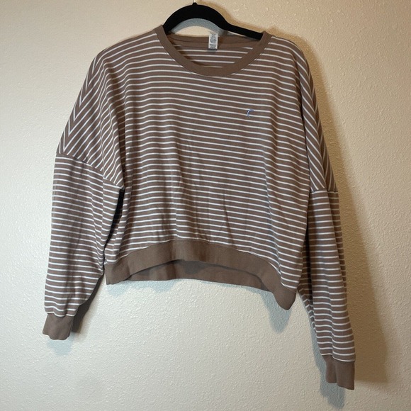 Zyia Active Sweater Womens Size Medium Brown Striped Pullover Cropped - Picture 2 of 8